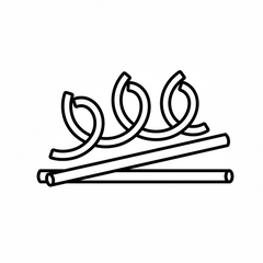 Black and white line drawing of three coiled ropes and two stick