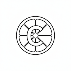 Black and white line drawing of a wheel or gear 