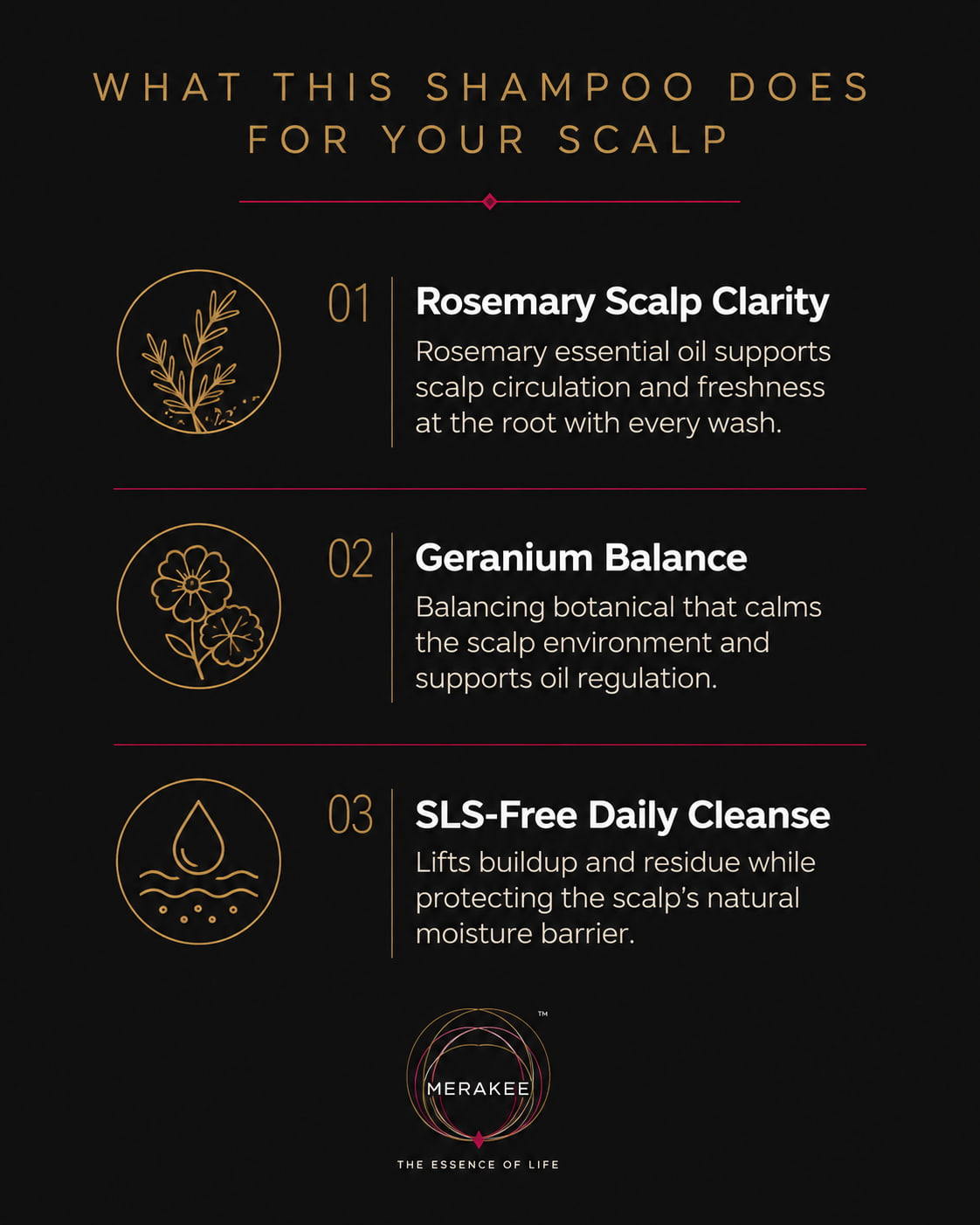 MERAKKEE Essential Hair Deep Cleansing Shampoo — 3 key benefits infographic — deep cleanse strengthen restore scalp