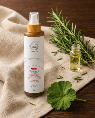MERAKKEE Essential Hair Deep Cleansing Shampoo — Rosemary and Onion Bulb hero ingredients close-up — Restore & Repair India