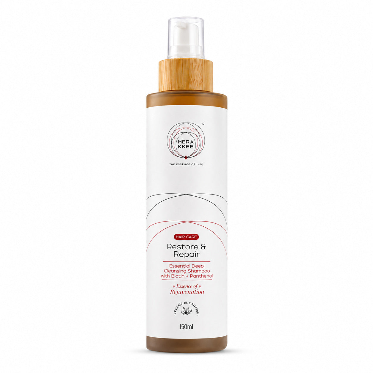 MERAKKEE Essential Hair Deep Cleansing Shampoo 150ml — pump bottle pack shot on white — Rosemary Geranium Onion Saffron India