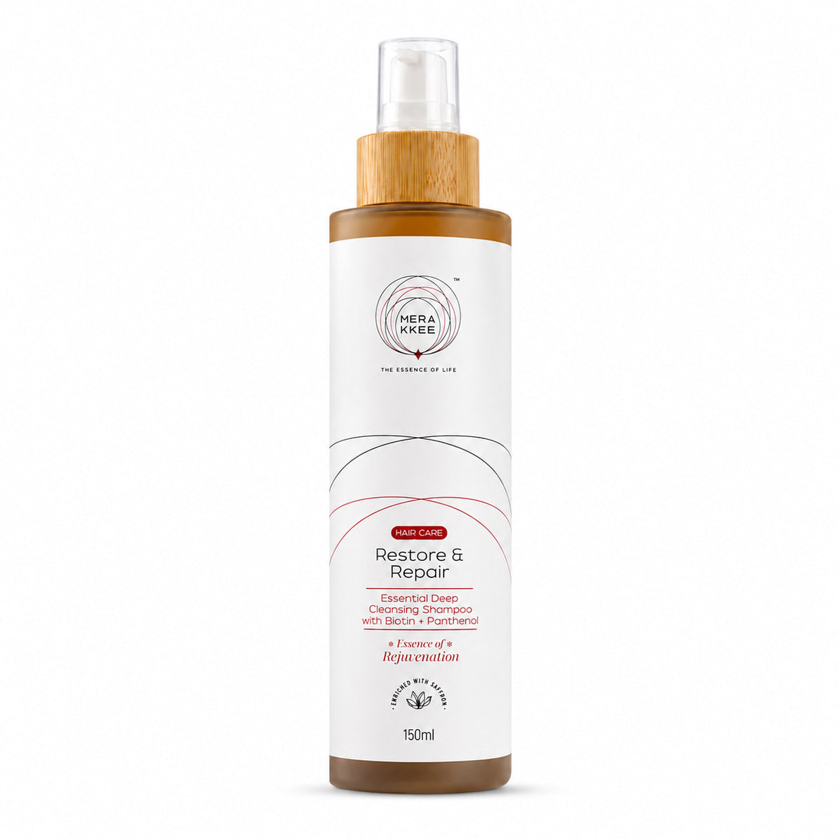 MERAKKEE Essential Hair Deep Cleansing Shampoo 150ml — pump bottle pack shot on white — Rosemary Geranium Onion Saffron India