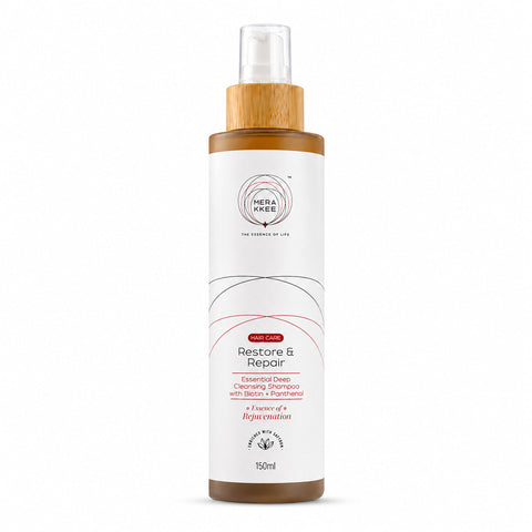 MERAKKEE Essential Hair Deep Cleansing Shampoo 150ml — pump bottle pack shot on white — Rosemary Geranium Onion Saffron India
