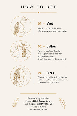 MERAKKEE Essential Hair Deep Cleansing Shampoo — step-by-step how to use guide — 2 pumps scalp massage rinse routine