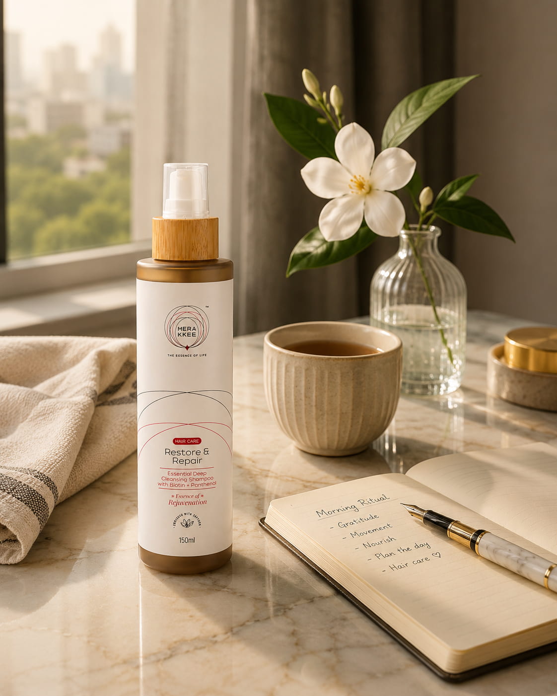 MERAKKEE Essential Hair Deep Cleansing Shampoo — scalp cleanse hair ritual lifestyle — Restore & Repair premium India UAE