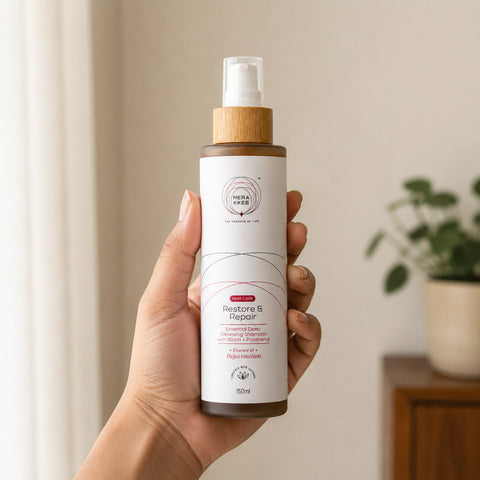 MERAKKEE Essential Hair Deep Cleansing Shampoo 150ml — pump bottle held in hand size reference — Restore & Repair Rejuvenation