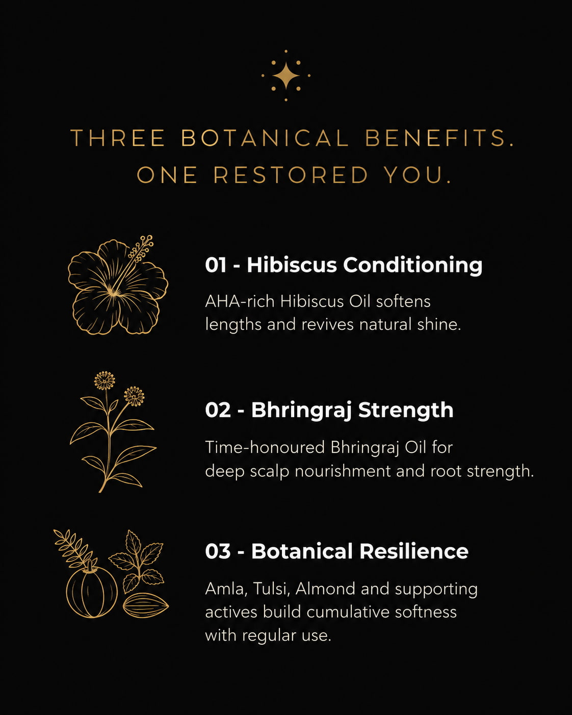 MERAKKEE Essential Dry Hair Oil — 3 key benefits infographic — nourish strengthen restore hair