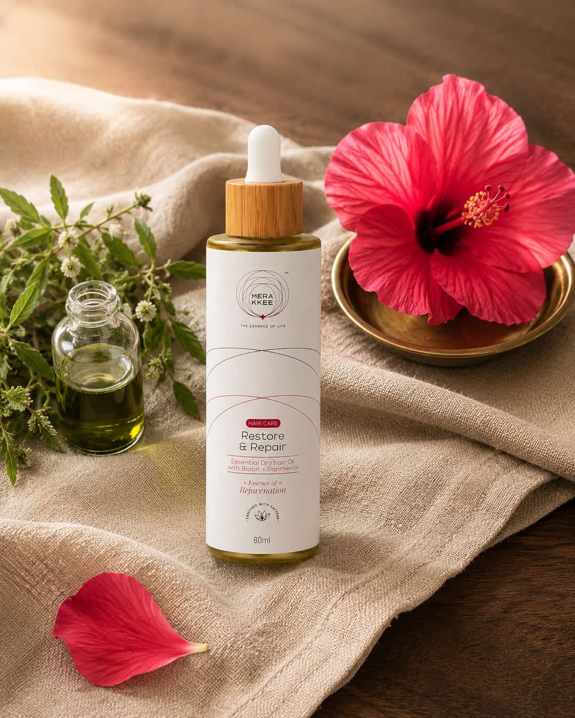 MERAKKEE Essential Dry Hair Oil — Hibiscus and Bhringraj hero ingredients close-up — Restore & Repair Rejuvenation India