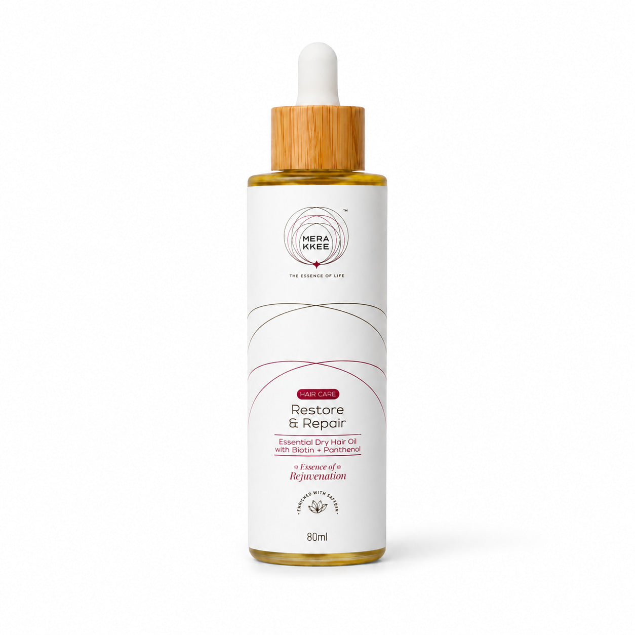 MERAKKEE Essential Dry Hair Oil 80ml — dropper bottle pack shot on white — Hibiscus Bhringraj Red Onion hair care India
