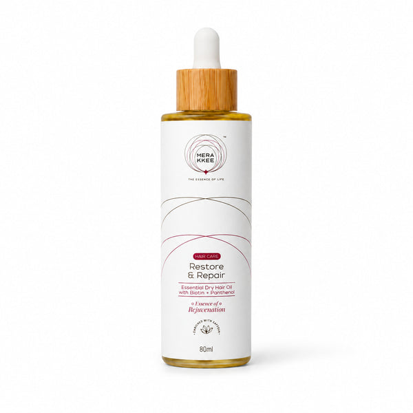 MERAKKEE Essential Dry Hair Oil 80ml — dropper bottle pack shot on white — Hibiscus Bhringraj Red Onion hair care India
