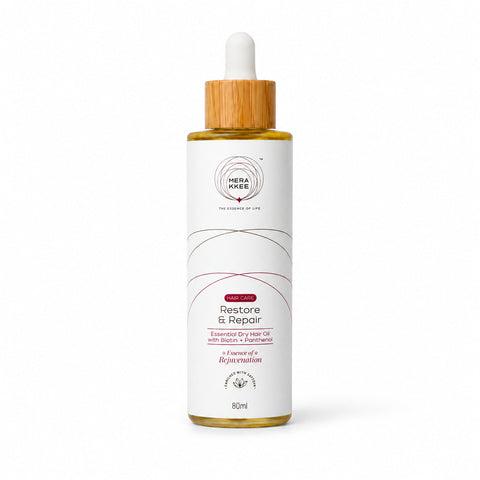MERAKKEE Essential Dry Hair Oil 80ml — dropper bottle pack shot on white — Hibiscus Bhringraj Red Onion hair care India