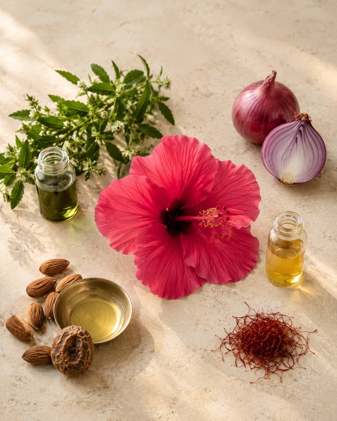 MERAKKEE Essential Dry Hair Oil — hero ingredients Hibiscus Bhringraj Red Onion Rosemary Saffron — clean hair care India