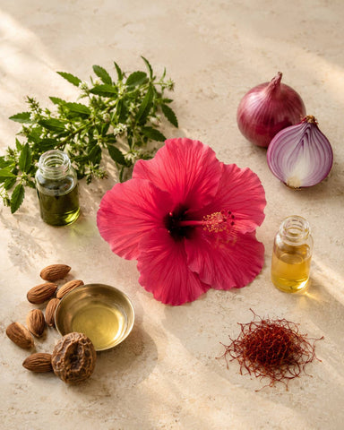 MERAKKEE Essential Dry Hair Oil — hero ingredients Hibiscus Bhringraj Red Onion Rosemary Saffron — clean hair care India