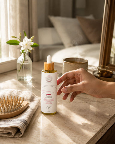 MERAKKEE Essential Dry Hair Oil — scalp oil ritual lifestyle shot — Restore & Repair premium India UAE
