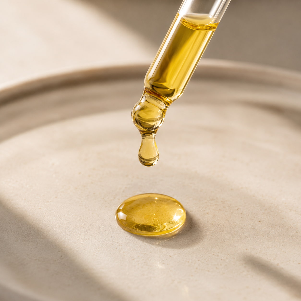 MERAKKEE Essential Dry Hair Oil — amber oil dropper texture application on fingertips — Hibiscus Rosemary Saffron formula