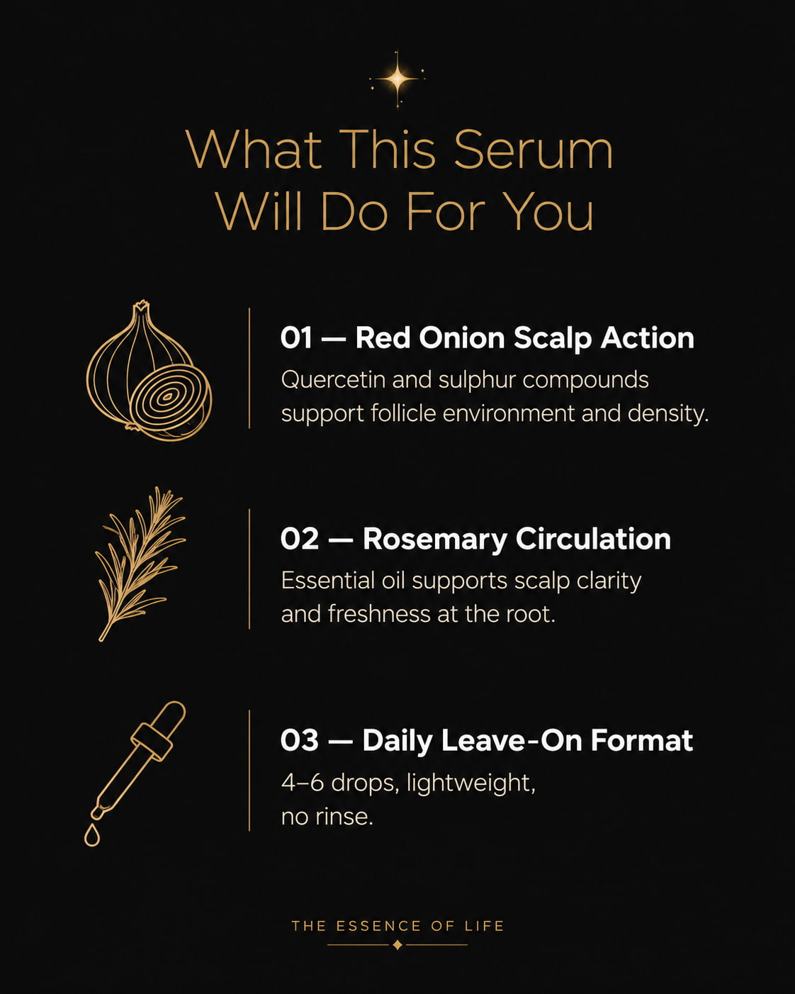 MERAKKEE Essential Hair Repair Serum — 3 key benefits infographic — repair strengthen nourish hair