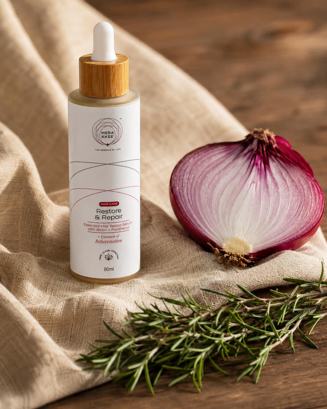 MERAKKEE Essential Hair Repair Serum — Red Onion Extract and Rosemary hero ingredients close-up — Restore & Repair India