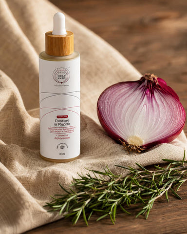 MERAKKEE Essential Hair Repair Serum — Red Onion Extract and Rosemary hero ingredients close-up — Restore & Repair India