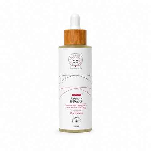 MERAKKEE Essential Hair Repair Serum 80ml — serum bottle pack shot on white — Red Onion Rosemary Biotin hair care India