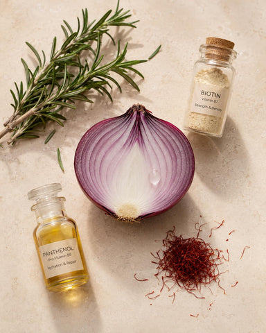 MERAKKEE Essential Hair Repair Serum — hero ingredients Red Onion Rosemary Biotin Panthenol Saffron Tea Tree — clean hair care
