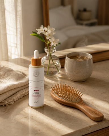 MERAKKEE Essential Hair Repair Serum — post-wash serum ritual lifestyle — Restore & Repair premium India UAE