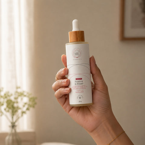 MERAKKEE Essential Hair Repair Serum 80ml — serum bottle held in hand size reference — Restore & Repair Rejuvenation