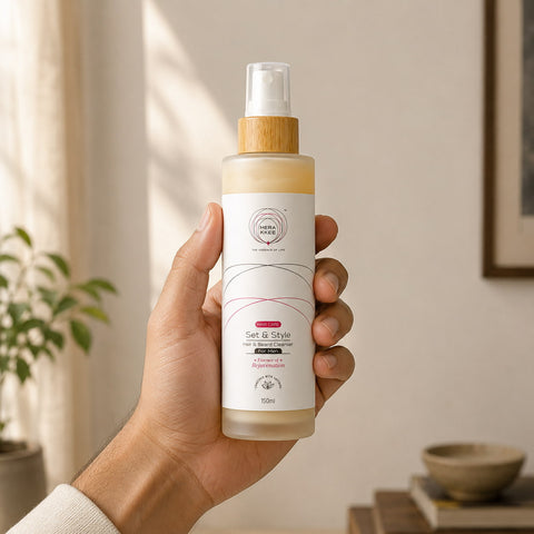 MERAKKEE Hair & Beard Cleanser for Men 150ml — pump bottle held in hand size reference — Set & Style grooming India
