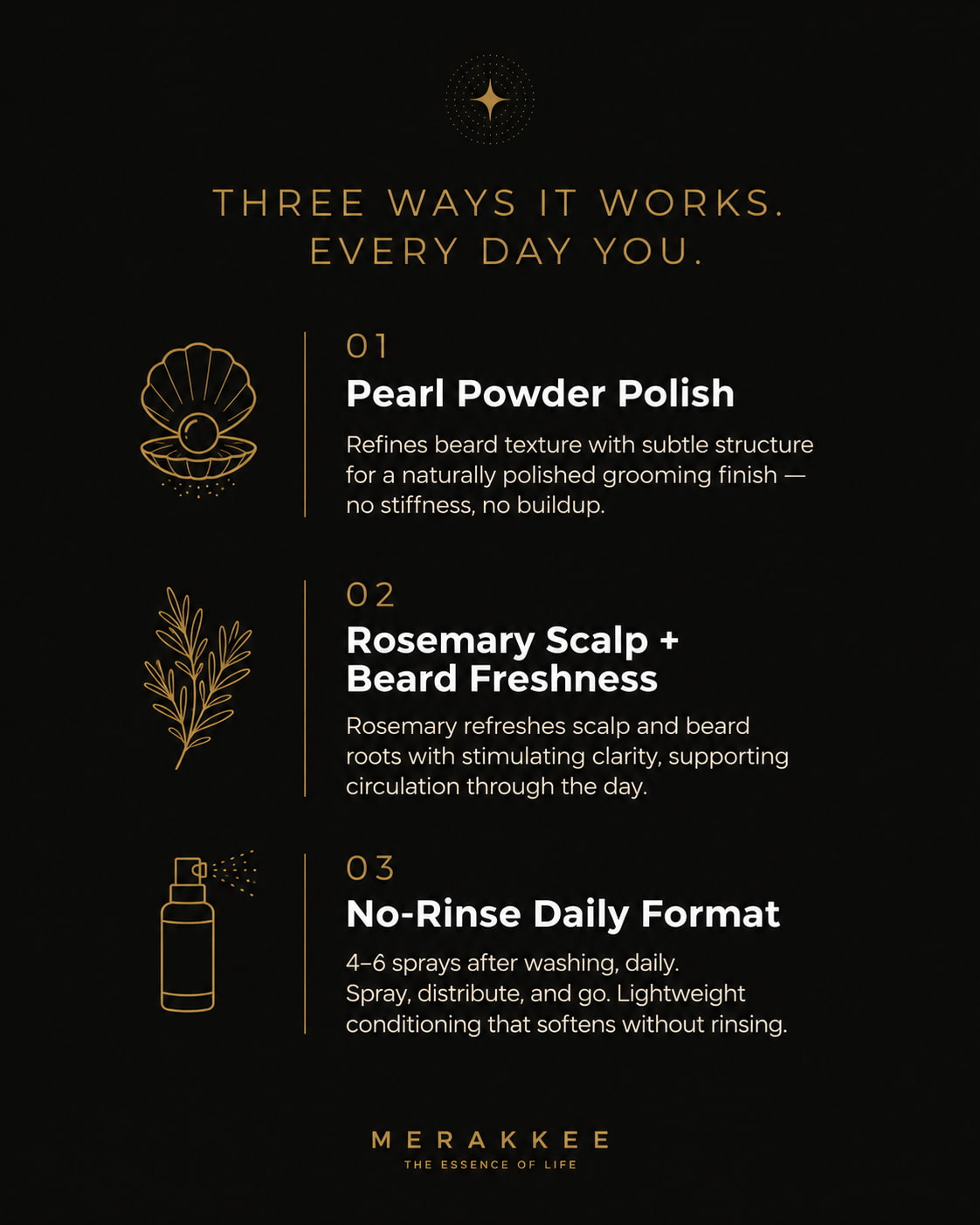 MERAKKEE Hair & Beard Leave-On Spray for Men — 3 key benefits infographic — condition style protect hair and beard