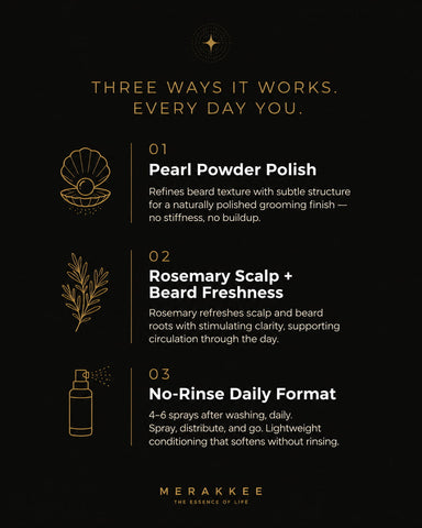 MERAKKEE Hair & Beard Leave-On Spray for Men — 3 key benefits infographic — condition style protect hair and beard