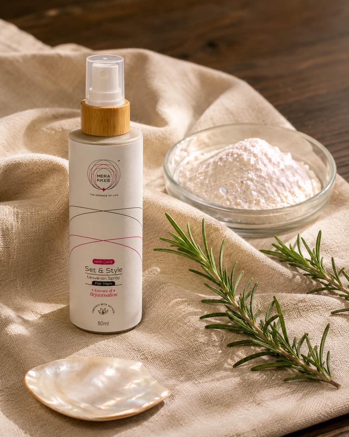 MERAKKEE Hair & Beard Leave-On Spray for Men — Pearl Powder and Rosemary hero ingredients close-up — Set & Style India