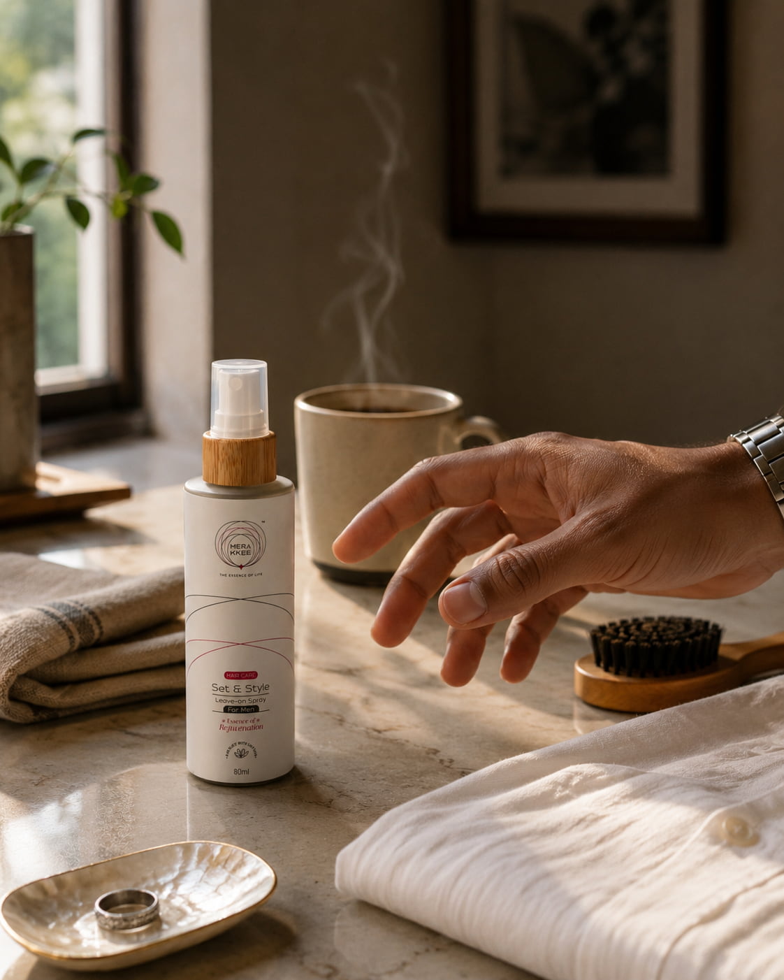 MERAKKEE Hair & Beard Leave-On Spray for Men — post-styling finishing ritual lifestyle — Set & Style India UAE