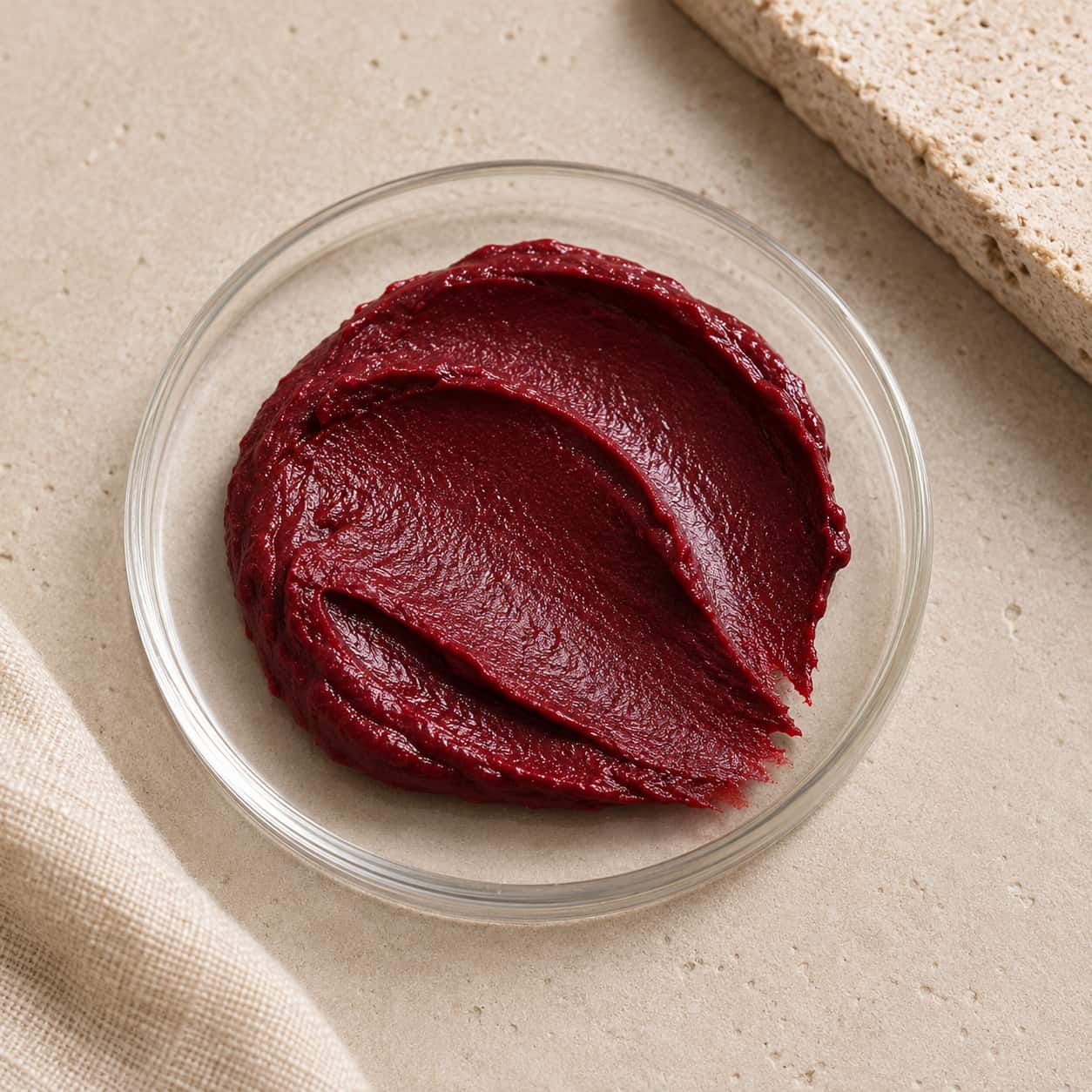 MERAKKEE Purifying Beetroot Facial Mask — deep red mask texture swatch on white — Beetroot Honey Curcumin formula