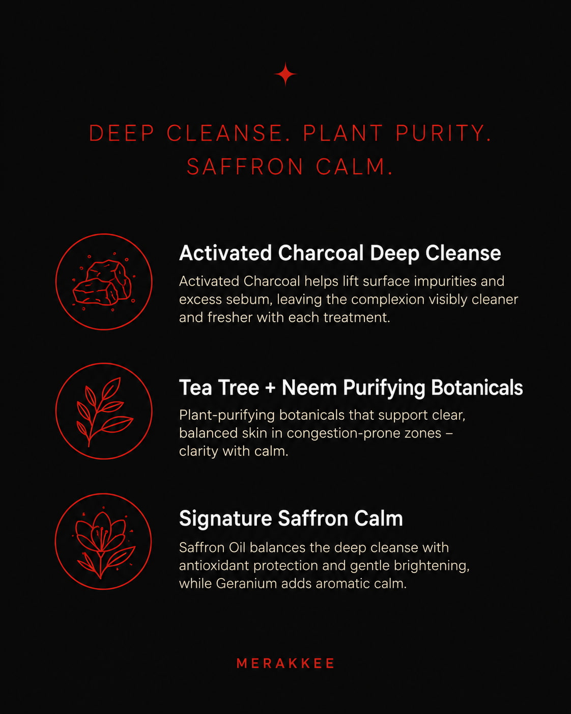 MERAKKEE Purifying Charcoal Facial Mask — 3 key benefits infographic — detox unclog purify skin