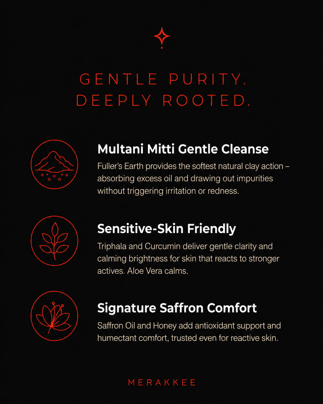 MERAKKEE Purifying Clay Facial Mask — 3 key benefits infographic — absorb oil purify brighten skin