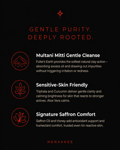 MERAKKEE Purifying Clay Facial Mask — 3 key benefits infographic — absorb oil purify brighten skin