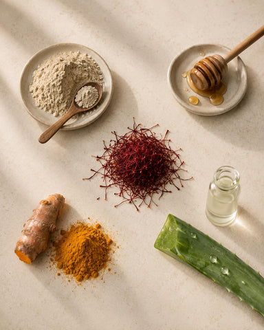 MERAKKEE Purifying Clay Facial Mask — hero ingredients Multani Mitti Curcumin Honey Saffron Aloe Vera — clean beauty India
