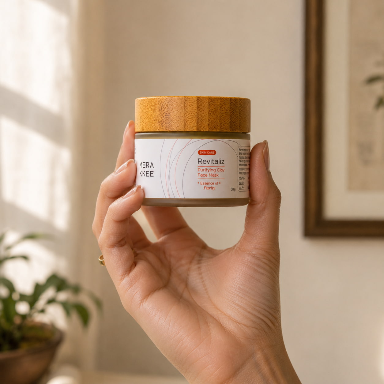 MERAKKEE Purifying Clay Facial Mask 50g — glass jar held in hand size reference — Revitaliz Essence of Purity India