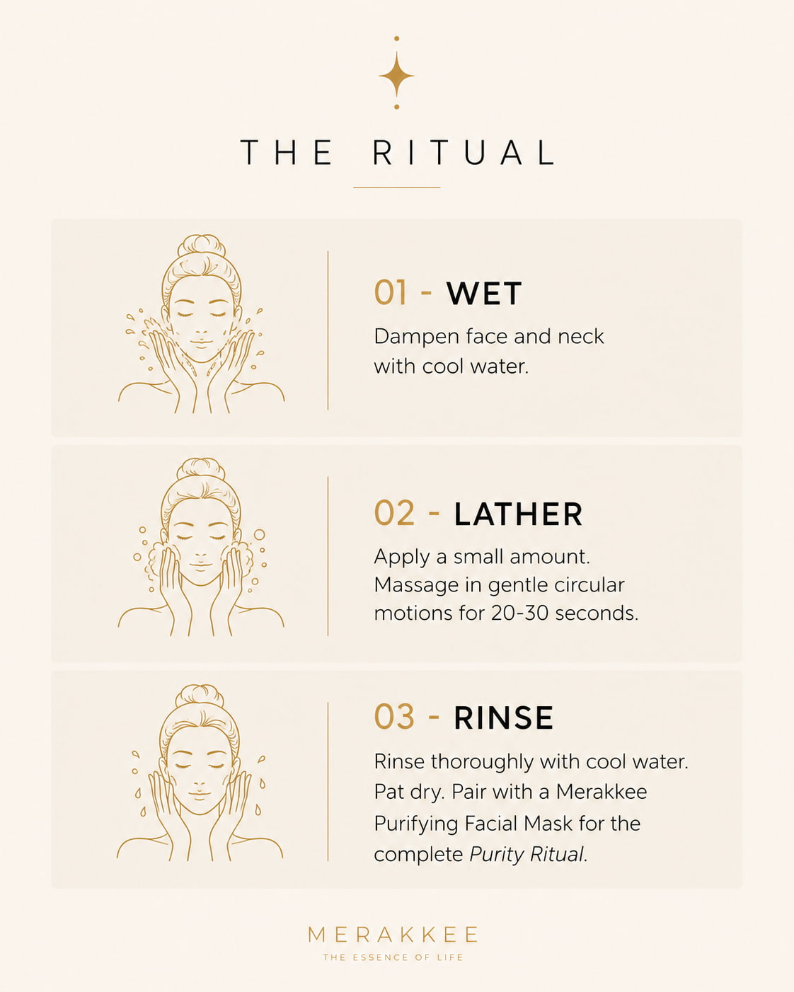 MERAKKEE Purifying Face Wash — step-by-step how to use guide — foam cleanse 3-step routine