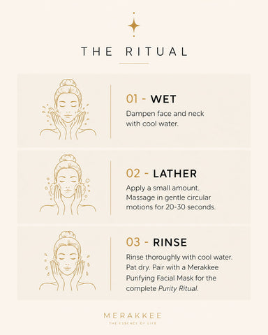 MERAKKEE Purifying Face Wash — step-by-step how to use guide — foam cleanse 3-step routine