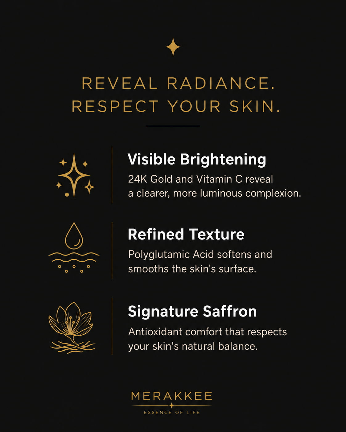 MERAKKEE Radiance 24K Face Wash — 3 key benefits infographic — cleanse brighten radiate