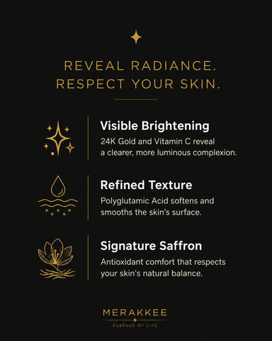 MERAKKEE Radiance 24K Face Wash — 3 key benefits infographic — cleanse brighten radiate