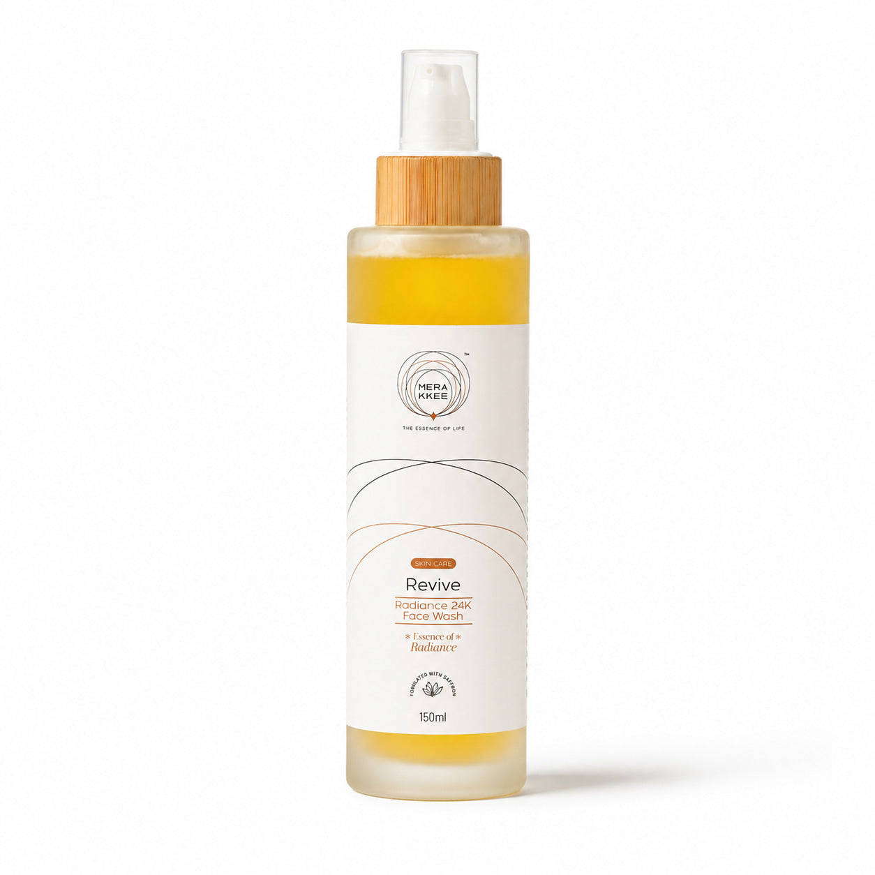 MERAKKEE Radiance 24K Face Wash 150ml — pump bottle pack shot on white — 24K Gold Saffron Vitamin C India