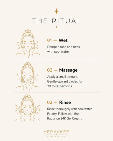 MERAKKEE Radiance 24K Face Wash — step-by-step how to use guide — lather rinse glow 3-step routine