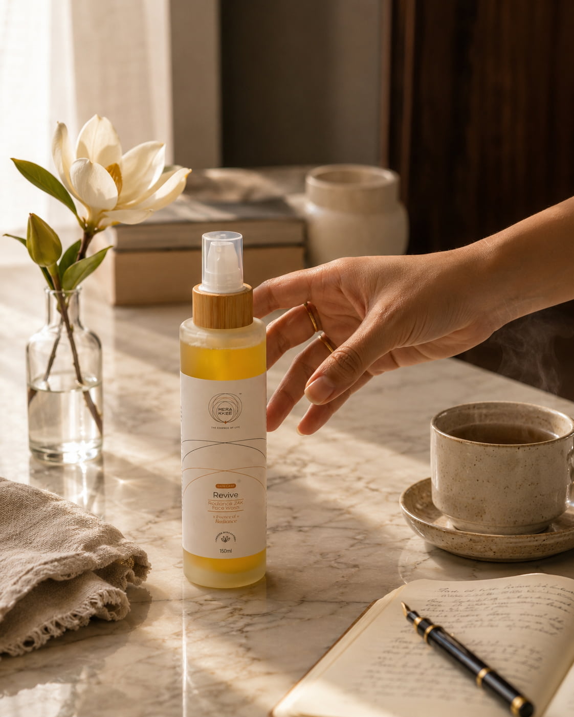 MERAKKEE Radiance 24K Face Wash — morning radiance cleansing ritual lifestyle — Revive premium India UAE