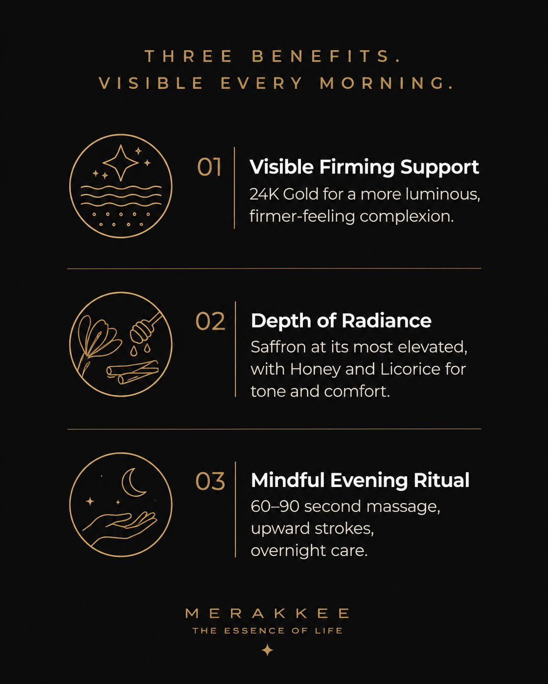 MERAKKEE Radiance 24K Gel Cream — 3 key benefits infographic — hydrate brighten firm skin