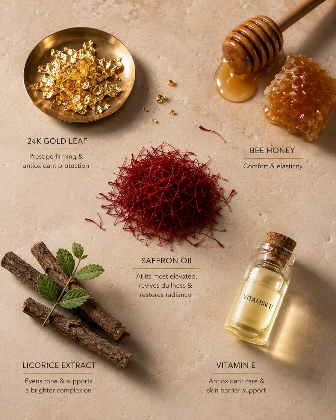 MERAKKEE Radiance 24K Gel Cream — hero ingredients 24K Gold Saffron Bee Honey Licorice Vitamin E — luxury clean beauty