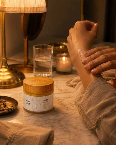 MERAKKEE Radiance 24K Gel Cream — radiance skincare ritual lifestyle shot — Revive premium India UAE