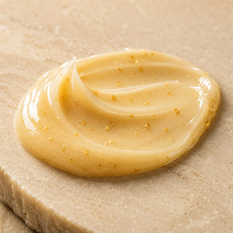 MERAKKEE Radiance 24K Gel Cream — golden gel cream texture swatch on white — 24K Gold Honey Vitamin E formula