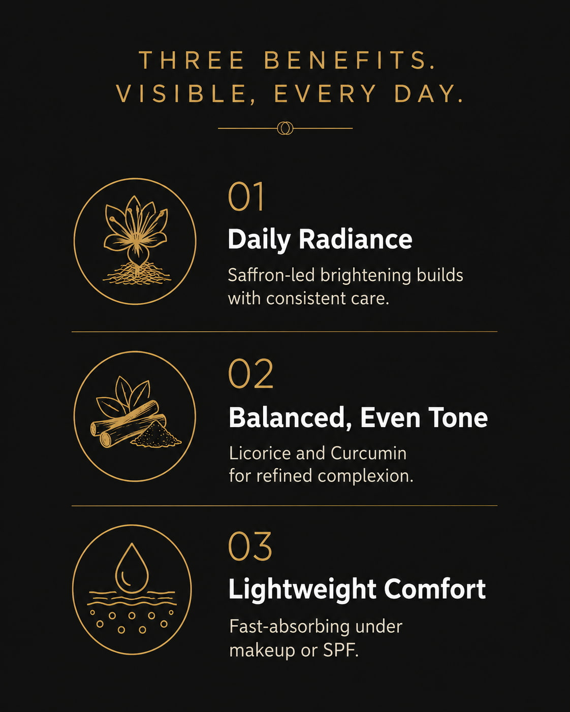 MERAKKEE Radiance Gel Cream — 3 key benefits infographic — brighten hydrate firm skin