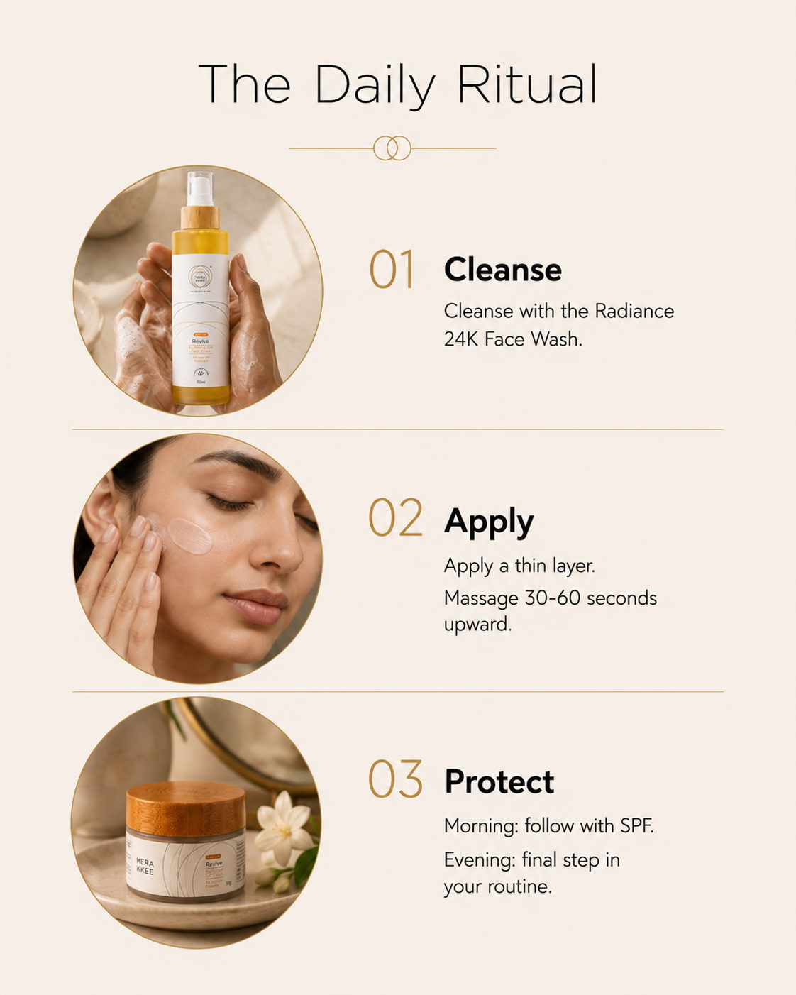 MERAKKEE Radiance Gel Cream — step-by-step how to use guide — warm fingertip press cheekbone upward ritual